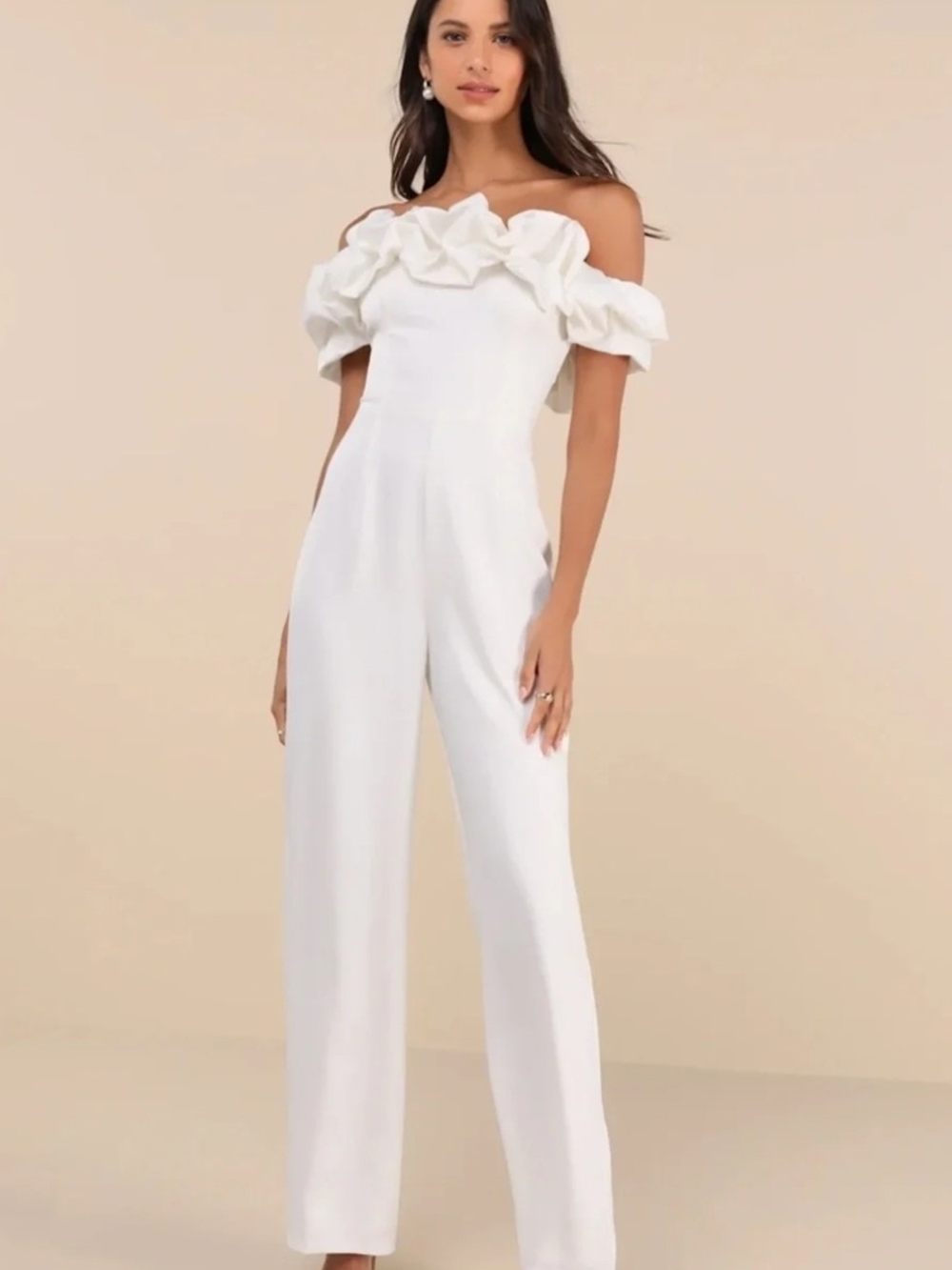 Lulu's White Off-Shoulder Ruffle Jumpsuit